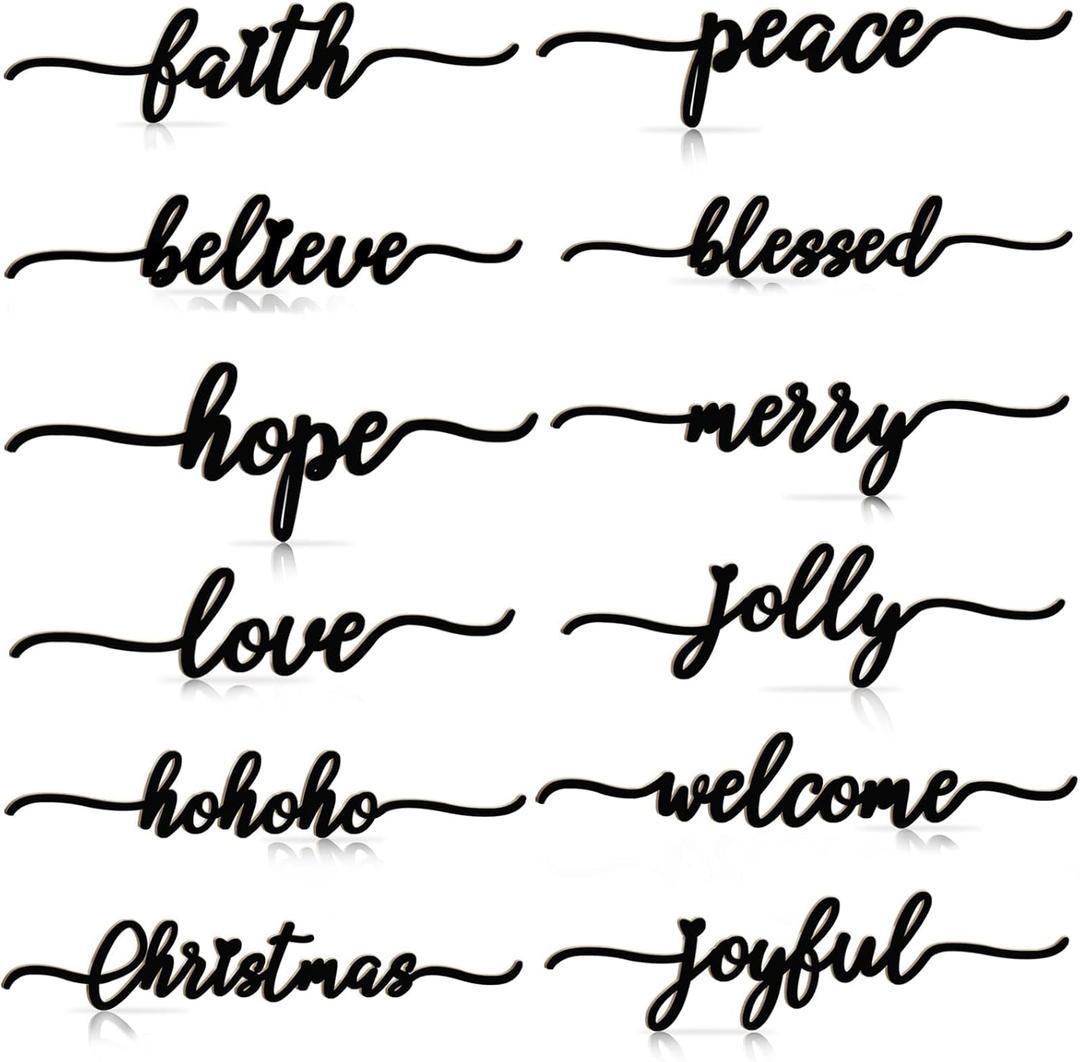 BORAMDO Christmas Wooden Letter Wall Sign Decor 12Pcs, Wooden Words Cutouts for Home Decorations, Table Plate Rustic Ornaments, Blessed Joyful Believe Welcome Merry Christmas Black Wooden Signs
