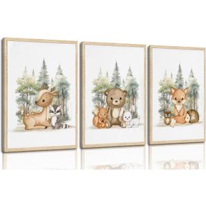 2 x 3 Pcs Nursery Woodland Animals Canvas Wall Art Fox Bear Deer Painting Picture Wall Decor Cute Wild Animals Poster Print Artwork For Baby Bedroom Kids Room Home Decoration (16inx24in Unframed)