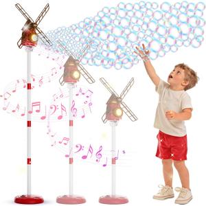 Windmill Bubble Machine for Kids, 51" Adjustable Height Bubble Maker with Light & Music, 130ml Tank, 10-Hole Battery Operated Bubble Blower for Toddlers, Backyard Outdoor Party Toys