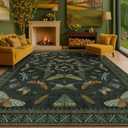 Hazo Haus Dark Green Insect Area Rugs 8x10 for Living Room, Dining Room Under Table, Bedroom, Unique Washable Floral Non Slip Low Pile Soft Rug