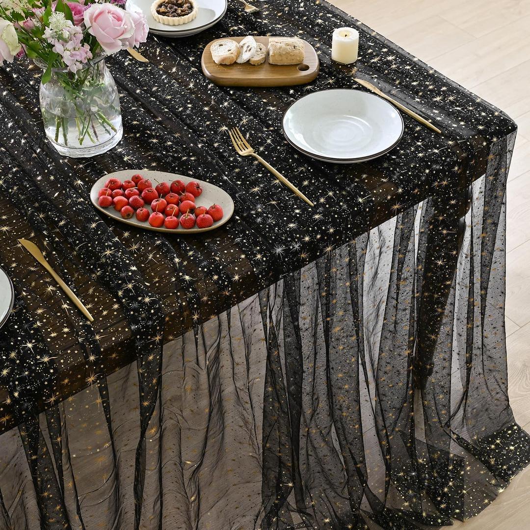 Horaldaily Black Gold Sparkling Star Gauze Tablecloth 60x104 Inch Rectangular, Golden Star Sequin Glitter Metallic Foil, Sheer Tulle Cheesecloth for Wedding Baby Shower Party