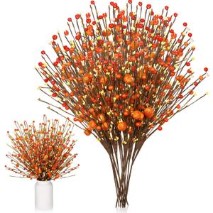 Cindeer 10 Pcs Artificial Thanksgiving Decorations for Fall Home Floral Stems Picks Centerpiece Fall Berry Stems 15.7in Berry Branches Autumn Orange Floral Arrangements for Home Vase Indoor Decor