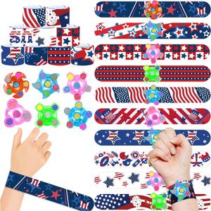 20pcs 4th of July Slap Bracelets with 18pcs Glowing Spinner Patriotic Snap Bracelet Bulk for Independence Day Party Favors of July Boys Girls Gifts Classroom Prizes