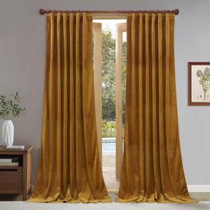 StangH Velvet Curtains Mustard Gold - 96 inches Living Room Back Tab Window Curtains Super Soft Vintage Decor Drapes Light Blocking Thermal Insulated Sliding Door Curtains, W52 x L96, 2 Panels, Brown Series- Mustard Gold 