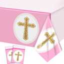 2 x Oudain 2 Pcs Girls First Communion Decorations Tablecloths Pink Baptism Communion Cross Table Covers Newborn Baby Girl Shower Table Cloth for 6 or 8 Foot Bible Party Decor