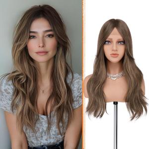 Haloo Blonde Brown Wigs with Curtain Bangs - Lace Front Hairline Middle Part Long Layered Natural Looking Wavy Hair Synthetic Women Wig for Daily Party, 22 Inch Blonde Mixed Brown