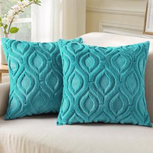 decorUhome Throw Pillow Covers 18x18 Inch Set of 2, Soft Plush Faux Wool Turquoise Couch Pillow Covers, Spring Solid Dyed Accent Pillow Cases for Sofa Bed Living Room Home Decor