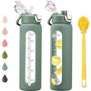chunmo 24 oz Glass Water Bottle with 2 Lids-Handle Spout Lid & Straw Lid, Motivational Water Bottle with Time Marker and Silicone Sleeve,Leakproof-Olive-1 Pack