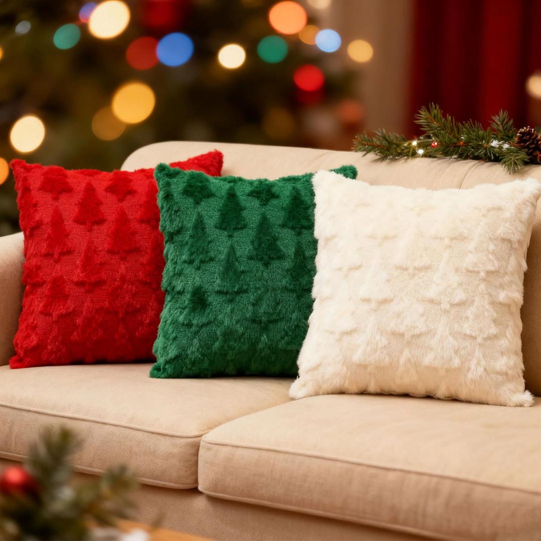 Octisys 3-Pack Christmas Tree Pillow Covers 18x18 Inch - Xmas Throw Pillow Cover Decorations - Soft Plush Cushion Case for Christmas Sofa Couch Bed Room Decoration - Winter Holiday Home Decor (Mixed Color)