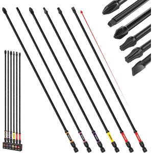 Geinxurn Impact Extra Long Screwdriver Bits Set, 6Pcs 300mm (12") Phillips/Torx/Square/Slotted/Pozi Magnetic S2 Steel Power Driver Bits Set Stored in Color Coded Base