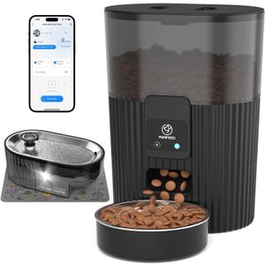 PAPIFEED Automatic Cat Feeder and Water Fountain Stainless Steel, Auto Cat Food & Water Dispenser, Quiet Pet Drinking Fountain with LED, Timed Cat Feeder with App, 10 Meals/Day, Smart Cat Feeder Set