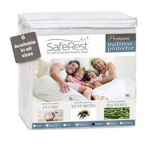 SafeRest Waterproof Queen Size Mattress Protector - Fitted with Stretchable Pockets - Machine Washable Cotton Blend Mattress Cover for Bed