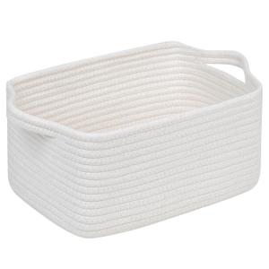CubesLand Woven Cotton Rope Basket for Laundry, Book, Nursery, Clothes, Shoes, Toys Organizing and Bedroom Home & Living Room Decor, with Durable Handle, Rectangular 14x10x7.08IN White