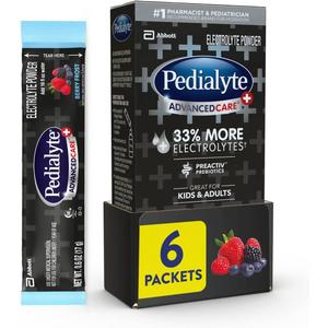 Pedialyte AdvancedCare Plus Electrolyte Powder, Has 33% More Electrolytes and PreActiv Prebiotics, Berry Frost, 6 Powder Packets, Best By: 12/01/2026
