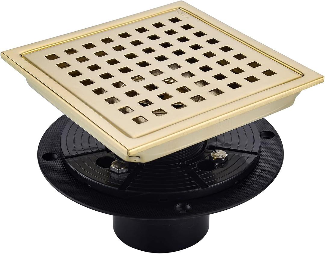 6 Inch Square Shower Floor Drain Brushed Brass with Flange,SUS304 Stainless Steel Gold Shower Drain Cover with Quadrato Pattern Grate Removable Hair Strainer,98738BG6-S.