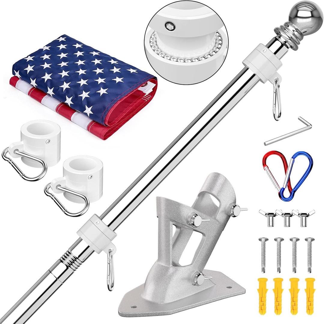 ZMTECH American Flag with Pole- 5FT Flagpoles with Upgraded Tangle Free Rings and Bracket, 1" Stainless Steel Flag Poles with Holder for Outside House, Residential or Commerical (Silver, No Light)