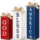 3 Pcs God Bless America Memorial Day Decorations Vintage 4th of July Tiered Tray Decor Patriotic Wood Block Sign Red White and Blue Decoration Farmhouse Independence Day Table Centerpiece