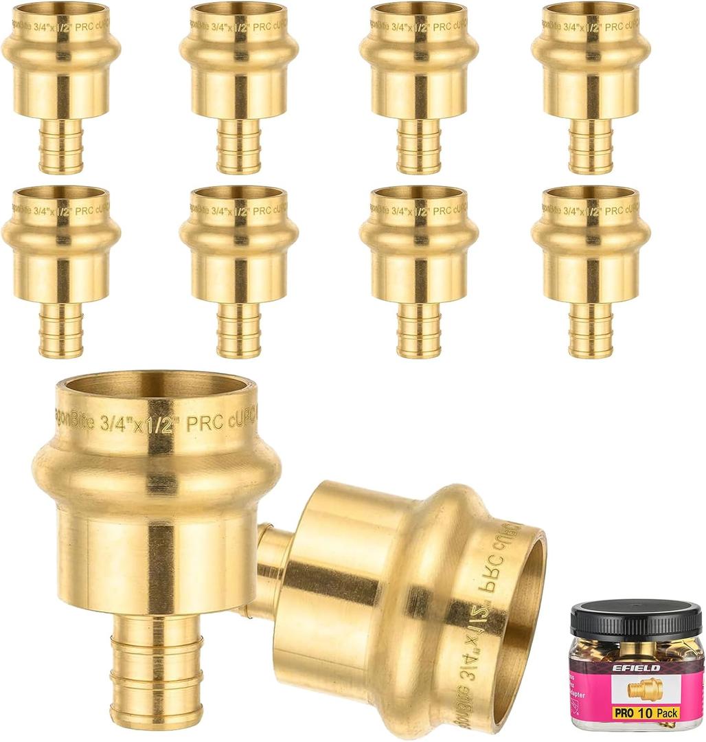 Pro 10-Pack EFIELD 3/4 inch Copper Press X 1/2 inch PEX Crimp Coupling Brass Fittings Adapter For Copper and Pex Pipe Connection, Pro Pack,(PRESS086)