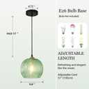 9.8'' Green Glass Pendant Lighting, Single Large Globe Chandelier with Ribbed Glass Lampshade, Nordic Ceiling Hanging Ball Light Fixture for Kitchen Island, Dining Living Room, Bedroom