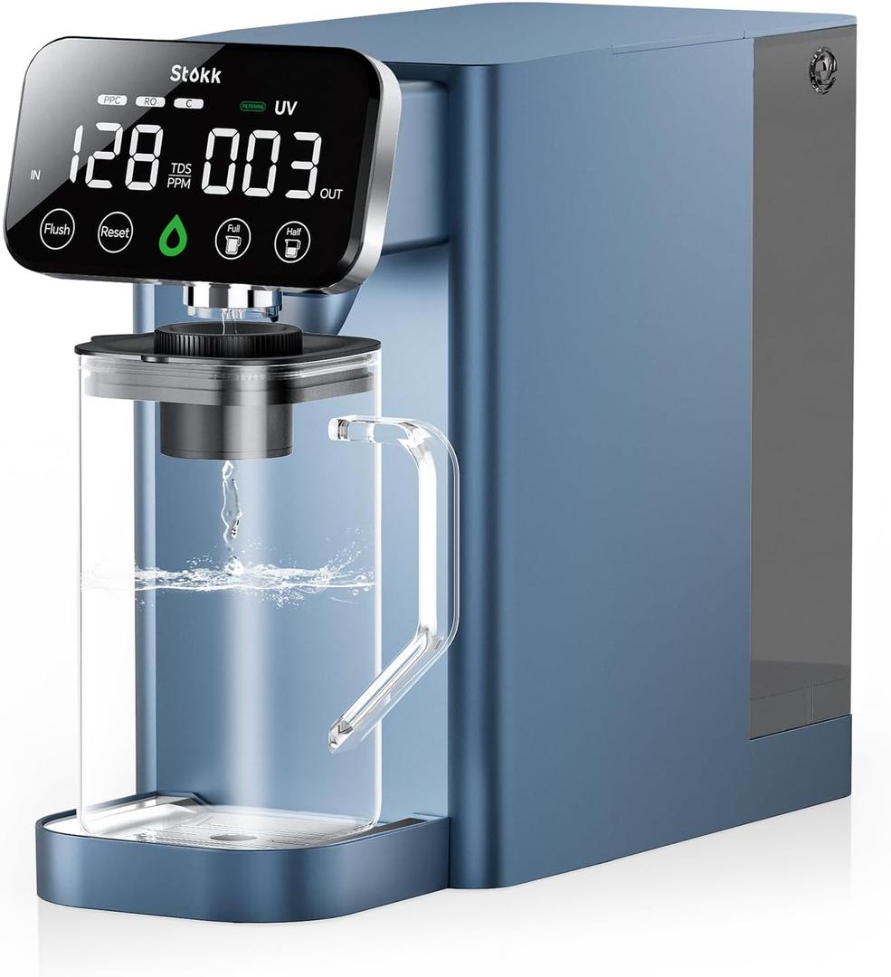 Stokk T1 Lite UV Reverse Osmosis Water Filter Countertop, Reverse Osmosis System with Carafe Alkaline Boost, 6-Stage RO Water Filtration System, NSF/ANSI 58&372, Reduce TDS PFAS Water Purifier (Blue)