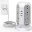 TESSAN Tower Power Strip with Individual Switches, Surge Protector with 12 Outlets, 5 USB Ports(2 USB C), Flat Extension Cord 10 Ft, 1250W, Charging Station for Multiple Devices, Office, Dorm, Grey