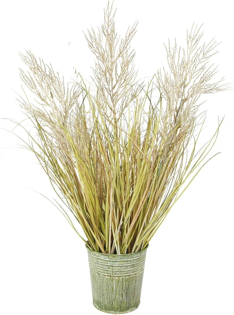 Artificial Grass Plants Onion Grass Outdoor 24.4" Tall Fake Shrubs Wheat Grass Fluffy Pampas Flowers in Pot Faux Greenery Stems Bushes for Indoor Home Decor Garden Fall Floral Arrangement