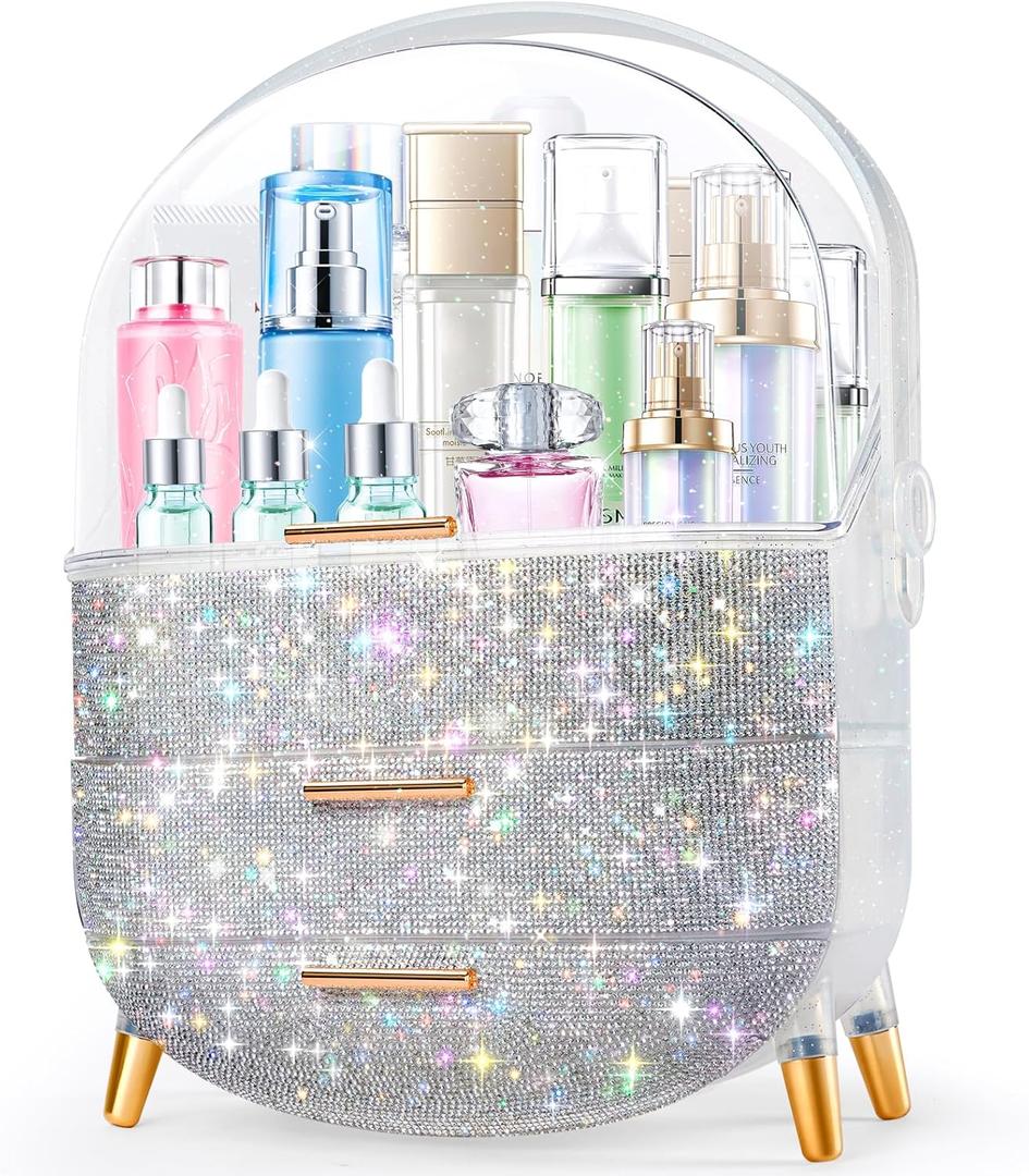 Ptesly Teen Girls Gift Makeup Organizer, Skincare & Jewelry Storage, Cosmetics Display Case, Makeup Holder, Bathroom Organizer (Bling Rhinestone)