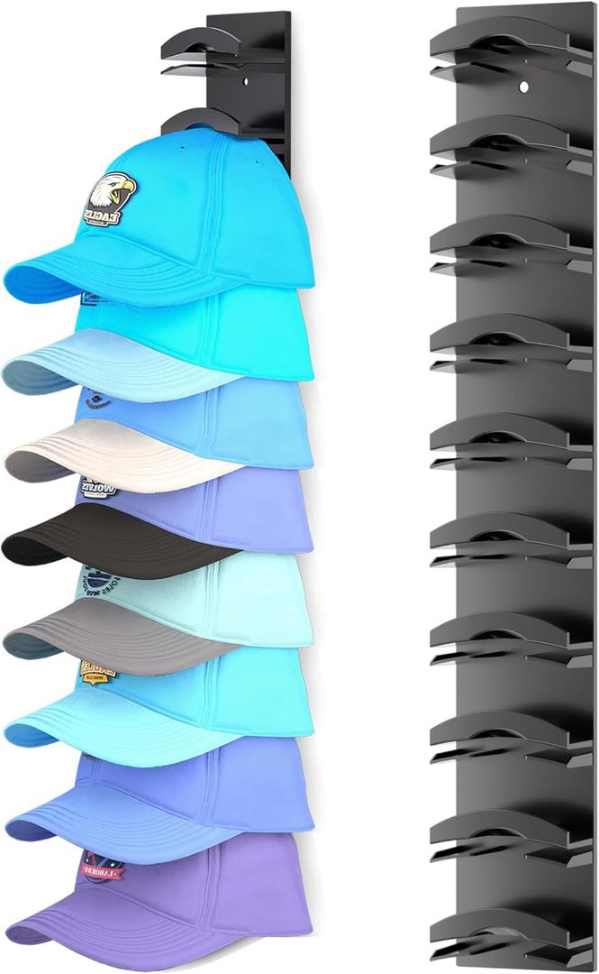 Hat Organizer for Baseball Caps, Hat Rack for Wall with Strong Adhesive Hold up to 10 Hats, Hat Hanger Holder Display for Door Closet, Cap Organizer Storage Multilayer Two Mounting Option (Black)