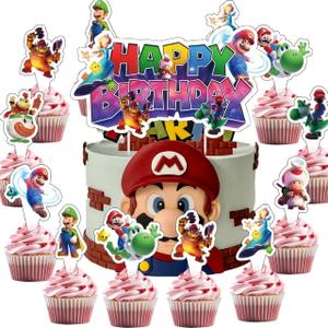 2 x 25Pcs Latest Mario Cake Decorations with 24pcs Cupcake Toppers, 1pcs Happy Birthday Cake Topper, Cartoon Themed Party Supplies, Perfect for Birthday Party Decorations