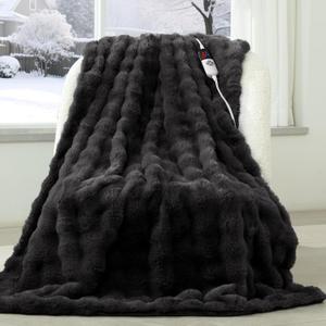 Faux Fur Heated Blanket Throw Dark Grey - Luxury Fluffy Rabbit Bubble Electric Blanket with 6 Heating Levels, 4 Time Settings, Ideal Gift for Women, Machine Washable (50"x60")
