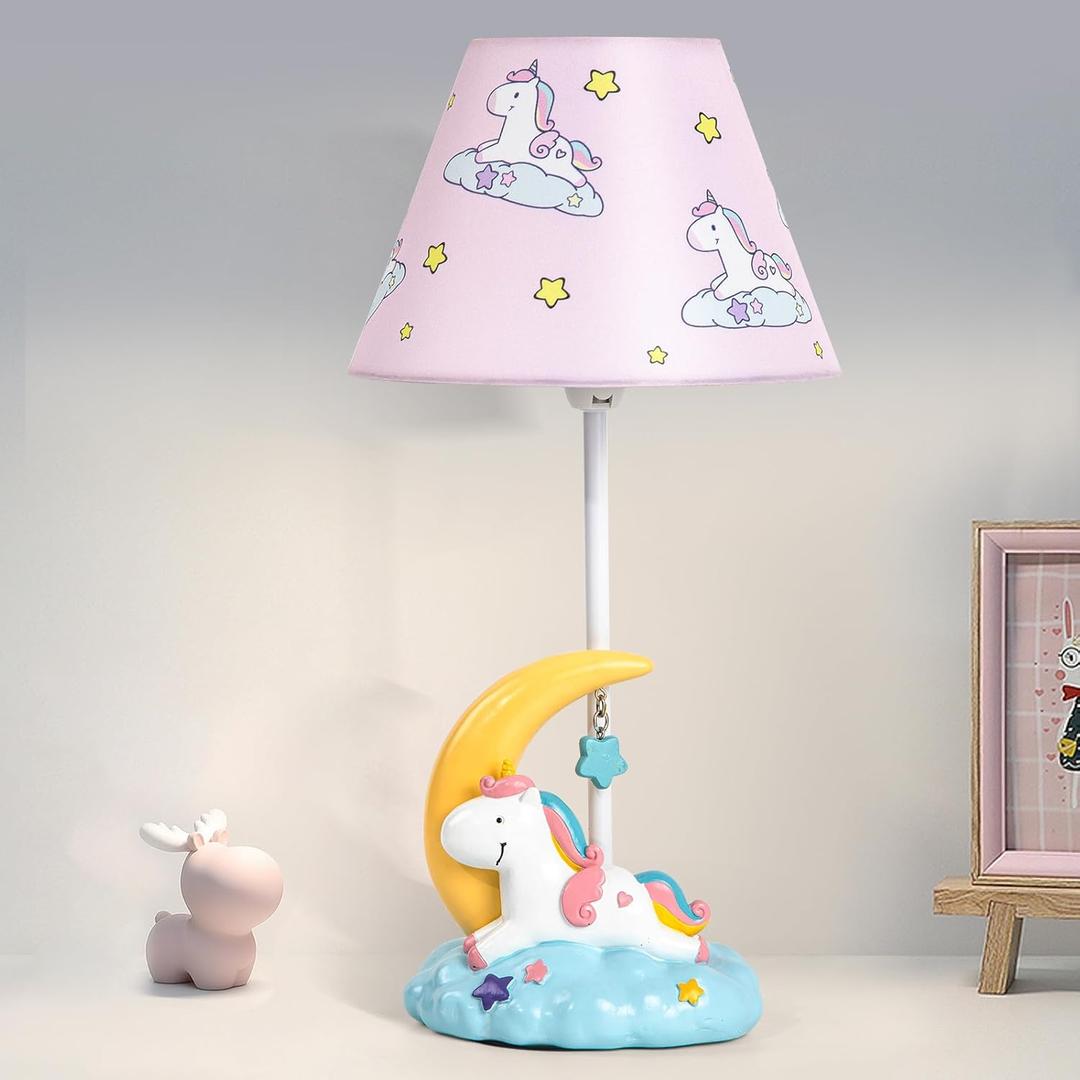 Kids Table Lamp, Adorable Moon Unicorn Style Desk Lamp, 16 Inch Pink Bedside Lamp Ideal for Girls Bedroom Decor, Includes LED Bulb