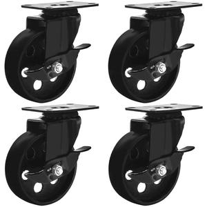FactorDuty 4 All Black Metal Swivel Plate Caster Wheels w/Brake Lock Heavy Duty High-Gauge Steel (4" with Brake)