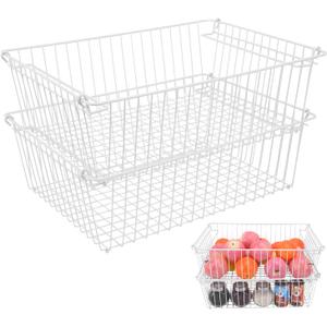 Set of 2 Stackable XXL Wire Baskets For Pantry Storage and Organization -16x12in Large Metal Food Baskets -Vegetable,Fruit,Potato,Onio, Pantry Storage Bins With Handles (White, XXL)