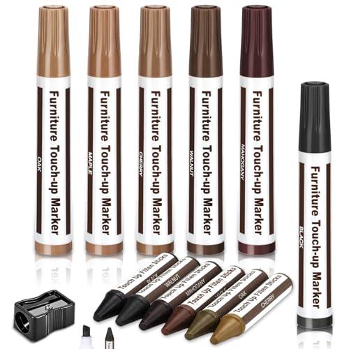 Thboxes Furniture Repair Kit Wood Markers, 13 Pcs Marker Set and Wax Sticks with Sharpener, 6 Colors Furniture Markers Touch Up for Scratches Stains Holes Bedposts Floors Tables Cabinets Desks