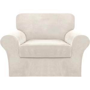 FantasDecor 2 Piece Chair Sofa Covers Velvet for Living Room Slipcovers with Individual Cushion Elastic Furniture Protector for Pets, Machine Washable (Armchair, Ivory)