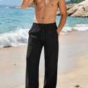 ZARLAN Breathable Men's Cotton Linen Pants Casual Lightweight Summer Beach Elastic Drawstring Waist Trousers (Black, L)