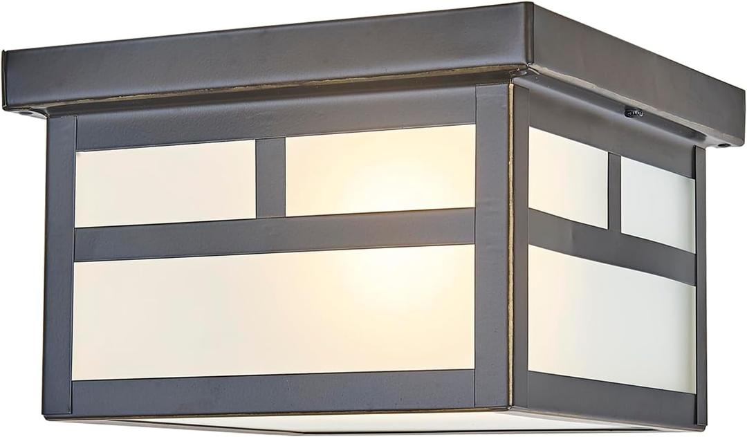 9.5 Inch Black Flush Mount Ceiling Light, Wet Rated Outdoor Porch Light with Acid-Etched Glass | Farmhouse Square Lighting for Porch, Bathroom, Kitchen, Entryway, Garage – E26 Base
