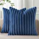 Pallene Faux Fur Plush Throw Pillow Covers 20x20 Set of 2, Luxury Soft Fluffy Striped Decorative Pillow Covers for Sofa, Couch, Living Room, Navy Blue