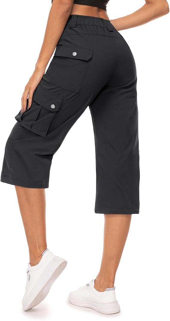 Moosehill Women's-Cargo-Capris-Pants High Waist Waterproof Hiking Casual Travel Summer Pants for Women with 6 Pockets (8, Black)