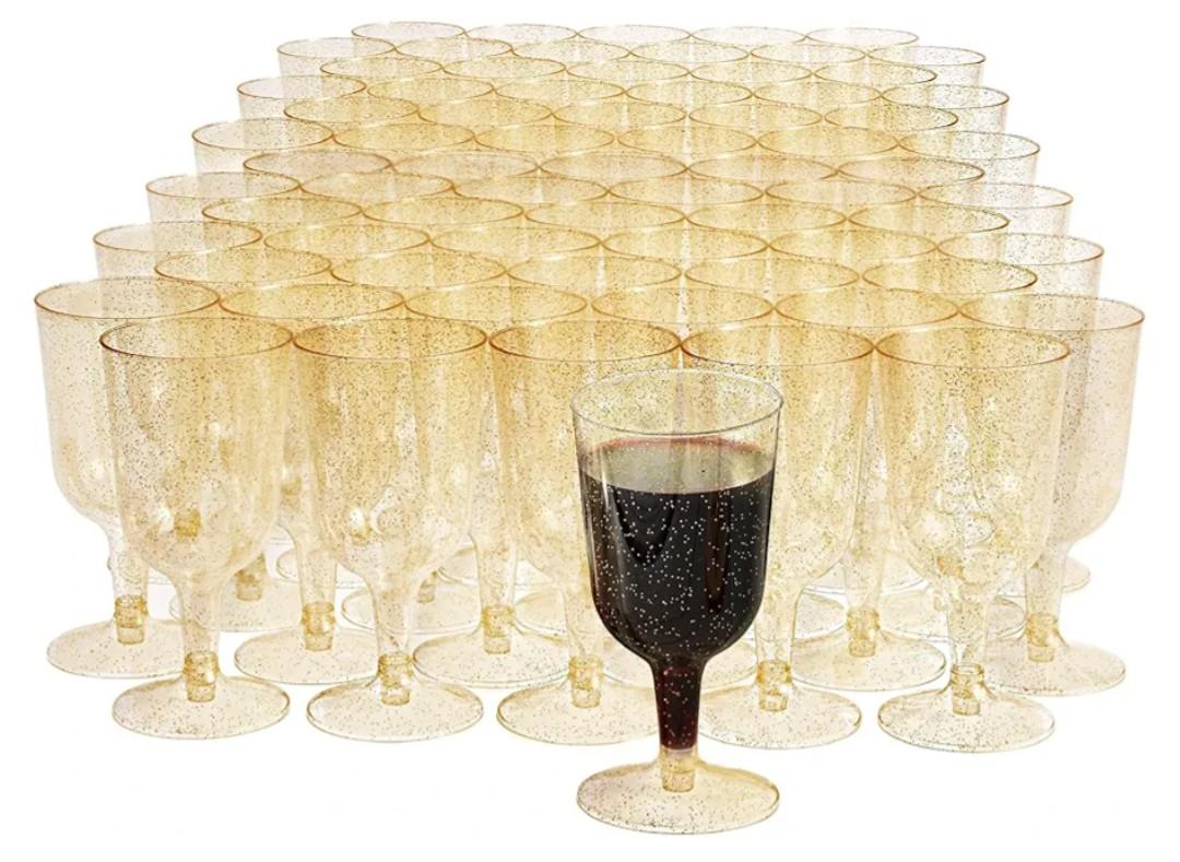 MATANA 100 Plastic Wine Glasses, Gold Glitter 6oz - Gold Wine Glasses Wine Cups - Elegant, Sturdy & Reusable Plastic Goblets for Cocktail Parties, Wine Tasting, Weddings, Bridal Shower