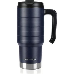 HAUSHOF 24 oz Travel Mug, Stainless Double Wall Vacuum Insulated Tumbler with Handle & Spill Proof Twist On Flip Lid and Wide Mouth, BPA Free (Navy Blue) (24 fluid ounces)