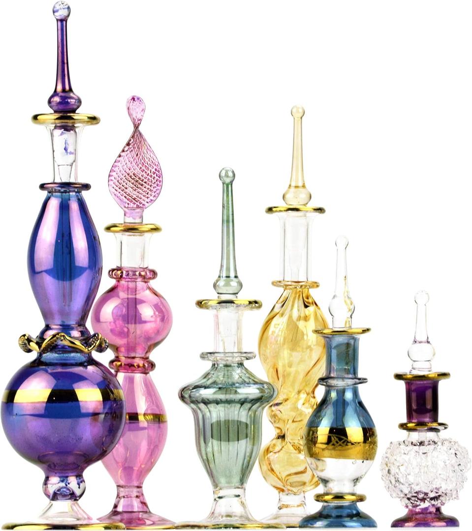 NileCart Egyptian Perfume Bottles 2-5 in Collection Set of 6 Hand Blown Decorative Glass with Handmade Golden Egyptian Decoration for Perfumes & Essential Oils