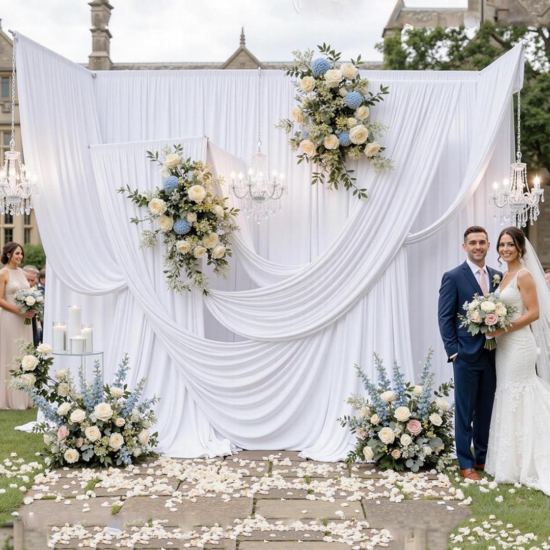 50FTx12FT White Wrinkle-Free Wedding Backdrop Curtain -Silky Washable White Polyester Drapes for Baby Showers, Birthday Parties, Photography, and Wedding Receptions-10 Panels 5FTx12FT