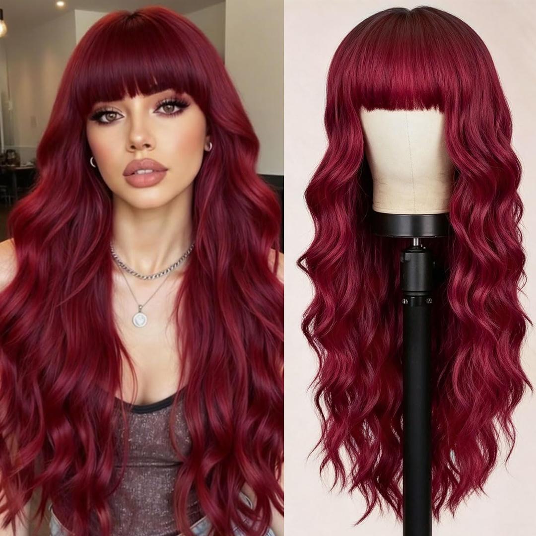 Burgundy Red Wig with Bangs 26 Inch Long Curly Wavy Wigs for Women Begineer-friendly Synthetic Wig for Daily Party Holiday Use