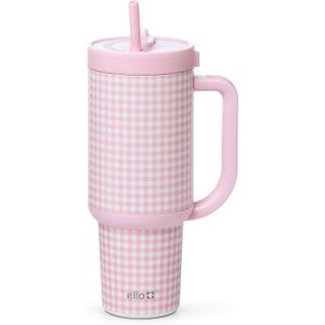 Ello Oasis 30 oz Tumbler with Handle & Retracting Straw | Reusable Insulated Stainless Steel Cup 100% Leakproof, Gifts for Teens Women Men | Keeps cold for 24 Hours, Cup Holder Friendly, Pink Gingham