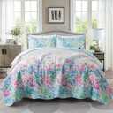 Quilt Set - King Size Floral Quilts, 3-Piece Microfiber Coverlets, Lightweight All Season Bedding Set - Dream Garden, Purple