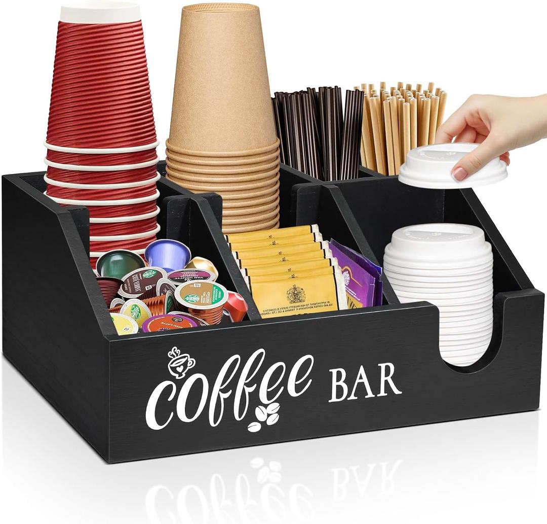 Rustic Coffee Bar Organizer - Wooden Coffee Pod Holder & Cup Storage Basket for Counter - K-Cup Sugar & Tea Condiment Organizer