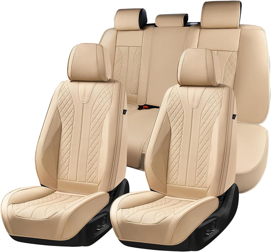 FLORICH Leather Seat Covers, Car Seat Cover Full Set Automotive Seat Covers Waterproof Car Seat Protectors 5 Seats Universal Seat Cover Fit for Most Cars SUV Trucks, Beige