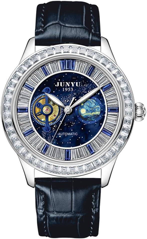 HUNRUY Mens Luxury Bling Diamond Tourbillon Automatic Leather Watches (Blue)