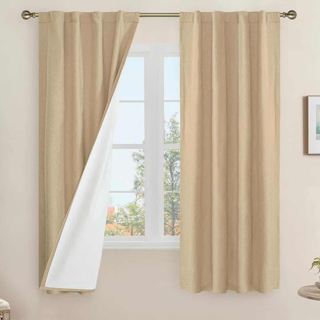 LAMIT Natural 100% Blackout Linen Curtains, 63 Inches Linen Textured Thermal Bedroom Curtains Back Tab and Rod Pocket Neutral Panels with White Liner for Living Room, 2 Panels, 38 x 63 Inch, Burlap